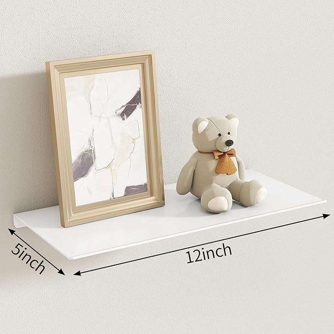 MKO 12" Floating Shelves for Wall, Small Metal Wall Mounted Shelf for Bathroom, Bedroom, Living Room, Kitchen, Little Hanging Shelves for Books/Storage/Room Decor 2 Packs, White