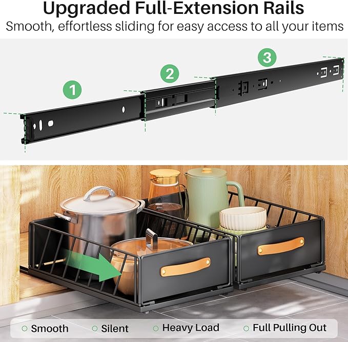 Pull out Cabinet Organizer Fixed with Adhesive Nano Film,Heavy Duty Slide out Pantry Shelves Drawer Storage,Sliding Mesh Cabinet Basket with Handle for Kitchen, Bathroom,Home, 15.8"W X 21"D X6.2"H