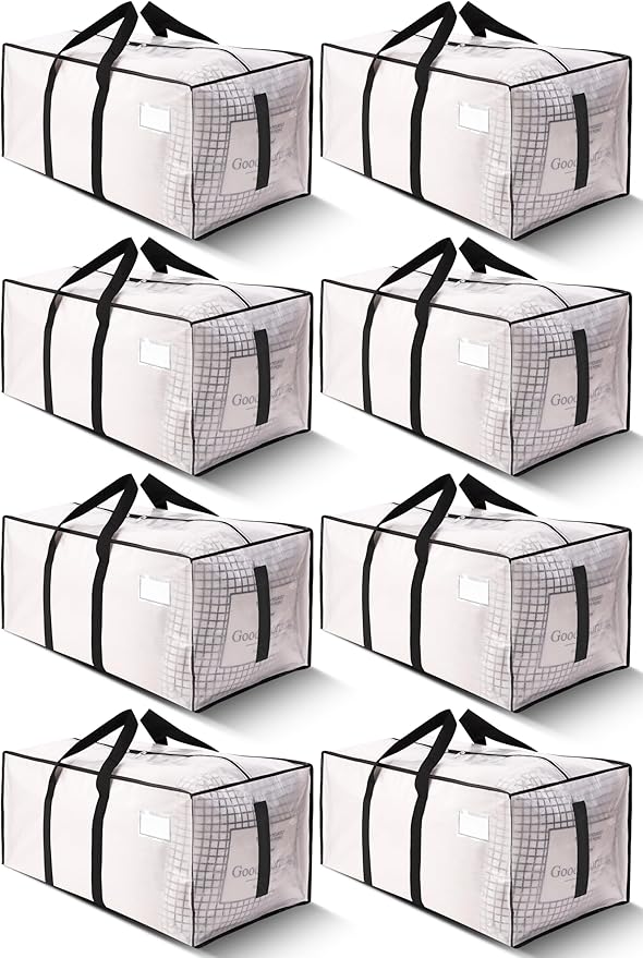 HOMESURE Supports 200lbs Heavy Duty Moving Bags - Strong Zipper & Wrap-Around Handles - Water-Resistant Storage Totes, Durable Alternative to Moving Boxes - 8 Pack - Semi-Transparent