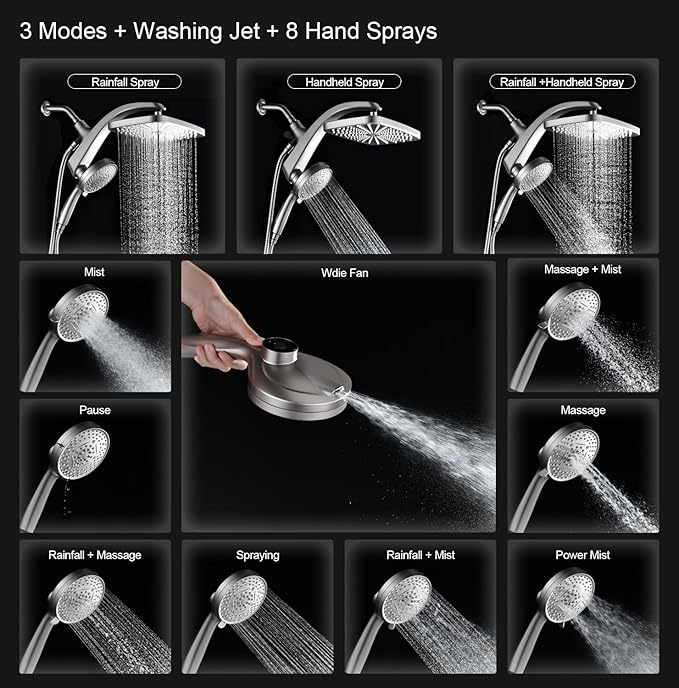 BOZYBO Rain Shower Head with Handheld: High Pressure Shower Heads with Handheld Spray Combo, 12" Rainfall Shower Head and 9 Sprays Hand Showerheads with Magnetic Docking and Power Jets, Nickel 1.8GPM