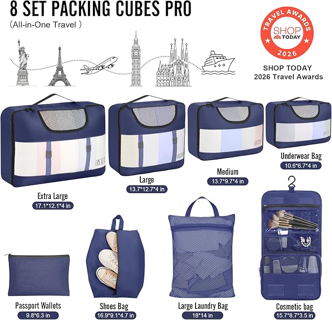 Veken 8 Set Packing Cubes for Travel Essentials, Suitcase Organizer Bags in 4 Sizes, Carry-On Luggage Accessories with Large Laundry & Shoes Bag, Must-Have for Airplane, Road Trip & Camping