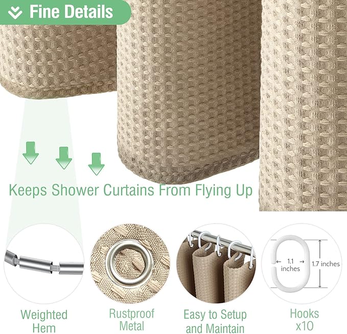 Dynamene Stall Fabric Shower Curtain - 60 x 84 inch Long Waffle Weighted Thick Cloth Shower Curtain for Bathroom, Neutral Heavy Duty Hotel Spa Luxury Shower Curtain Set with 10 Hook, Beige/Khaki