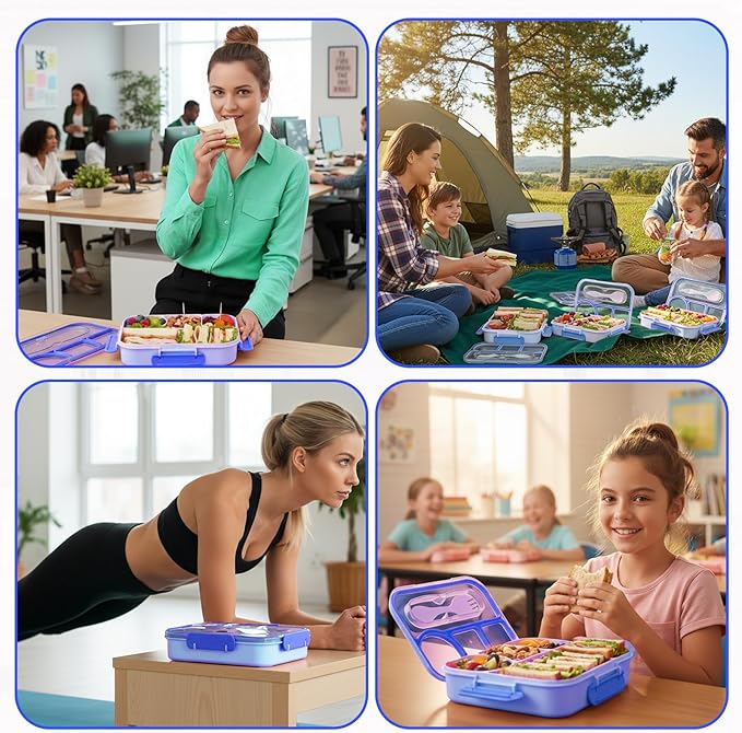 Bento Box for Adults,4 Compartments Lunch Box, Snack Containers Reusable Lunch Containers Drop-Proof, Dishwasher Safe & Made with BPA-Free Materials, Blue