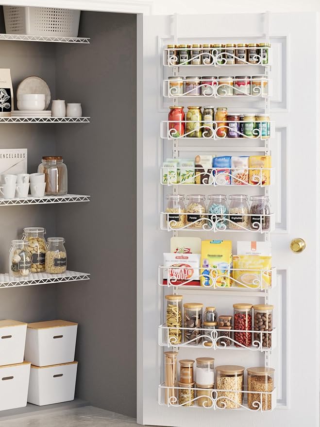 Over the Door Pantry Organizer - 8-Tier Adjustable Pantry Organization And Storage, Metal Hanging Door Spice Rack for Kitchen Pantry Organizers，White