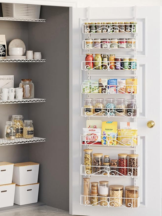 Over the Door Pantry Organizer - 8-Tier Adjustable Pantry Organization And Storage, Metal Hanging Door Spice Rack for Kitchen Pantry Organizers，White