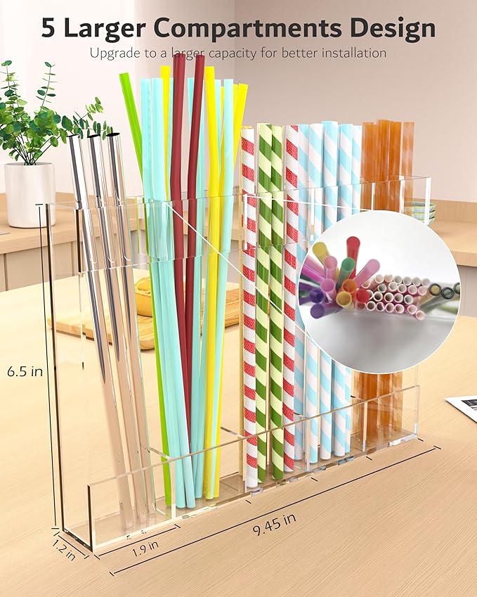 Magnetic Acrylic Straw Holder for Fridge - 5 Slot Sturdy Kitchen Organizer, Adhesive-Free Refrigerator Storage for Metal, Glass, Silicone Straws & Utensils (Clear-Magnetic Type-5C)