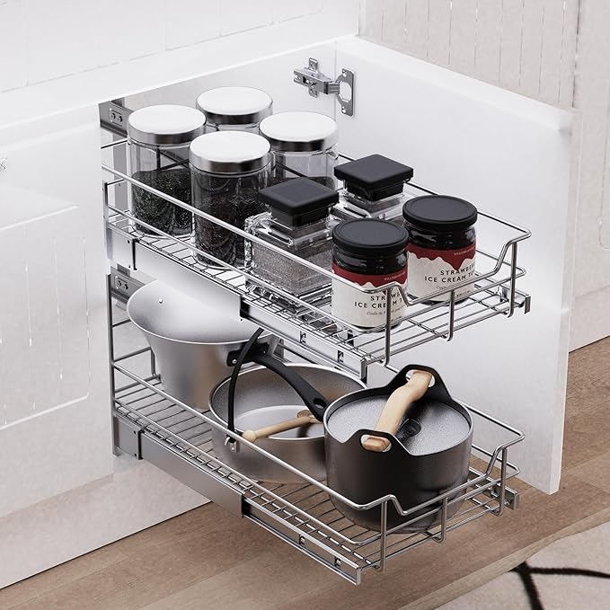 2 Tier Pull Out Cabinet Organizer 14" W X 22" D, Slide Out Drawers For Kitchen Cabinets, Pull Out Drawers For Cabinets Capacity Heavy Duty Caddy, Cabinet Pullout Shelves Chrome-Plated,Bathroom Pantry | Slide Out Drawers, For Kitchen Cabinets, Heavy Dut...