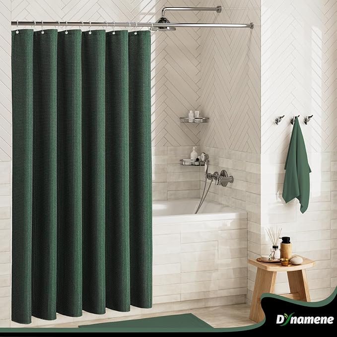 Dynamene Stall Fabric Shower Curtain - 54x78 inch Long Waffle Weave Weighted Thick Cloth Shower Curtains for Bathroom,Heavy Duty Hotel Spa Luxury Bath Curtain Set with 10 Plastic Hooks, Dark Green