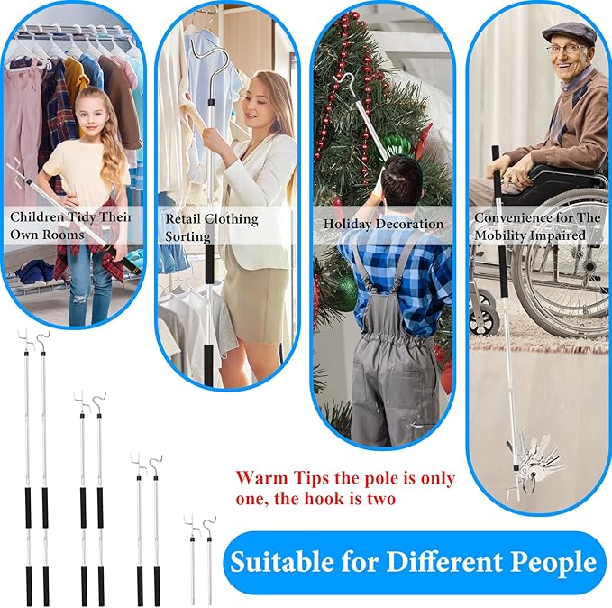 Clothes Hook Pole Heavy Duty,32 to 80In Retail Clothing Hook Pole Long Handle with 2 Hooks Hanging Birdfeeder Frosted Tube Extension Pole to Reach High Hangers for Turck (Silvery 80in)