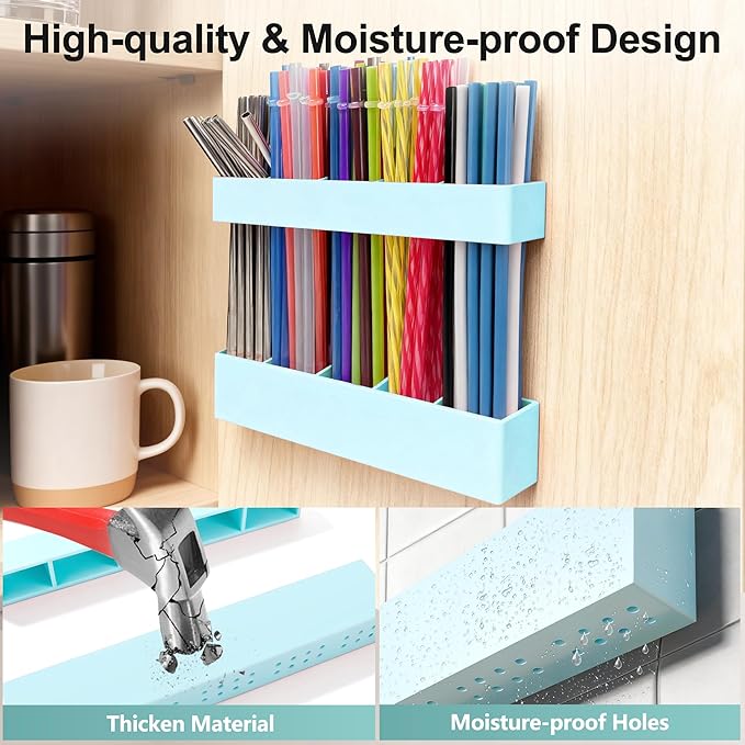 9.6” Large Acrylic Straw Holder for Cabinet Door, Reusable Adjustable Two-Part Straws Organizer with Ultra Sticky Adhesive Strips, 2026 Straw Storage for Kitchen Cupboard(Mint Blue)