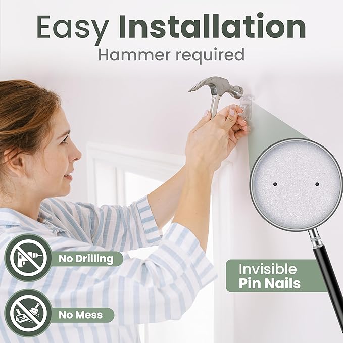 No Adhesive Heavy Duty Curtain Rod Holders with Wide Hook, 5X Stronger Than Adhesive Curtain Rod Hooks,Tension Curtain Rod Bracket for Wall with Pin Guide, Curtain Wall Mount (12 Pack, For 0.75" Rods)