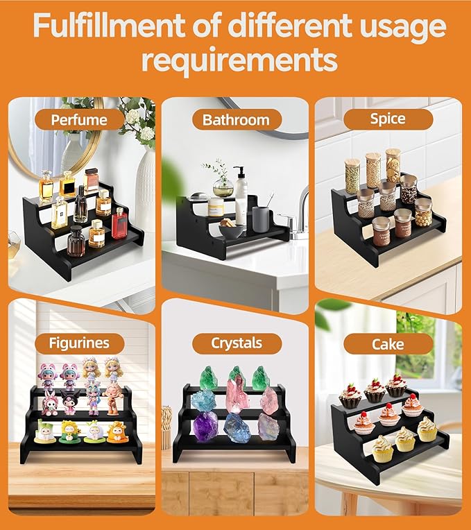 Wooden Cologne Organizer for Men, Perfume Organizer Stand, Cologne Stand with Anti-Slip Washers, Wooden Display Risers Stand for Dessert, Cupcake, Display Shelf Riser Stand for Decoration Makeup Black, 3-tier-13.8in