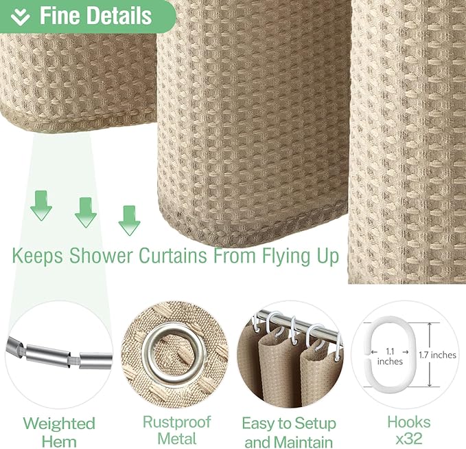 Dynamene Extra Wide Shower Curtain - 180 Inch Wide Waffle Weighted Thick Cloth Bathroom Shower Curtain, Neutral Heavy Duty Hotel Shower Curtain Set with 32 Plastic Hooks, 180x72, Beige/Khaki