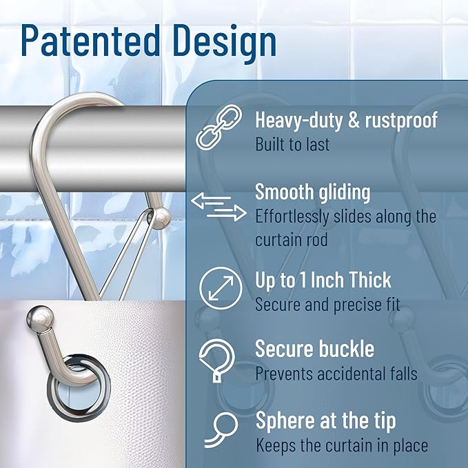 Set of 12 Silver Metal S Hook Shower Hooks 1” – Closed, Heavy Duty, Long Decorative Shower Curtain Hooks, Easy Glide, Buckle, Large Rust Resistant Rings for Bathroom Rods (Silver, S)