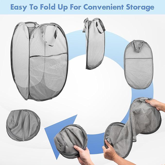 DUCOO Pop Up Laundry Hamper, 70L Collapsible Mesh Laundry Basket with Side Pocket, Foldable Dirty Clothes Hamper with Sturdy Reinforced Handles for Home Dorm Bedroom Travel Storage, Gray, 2Pack