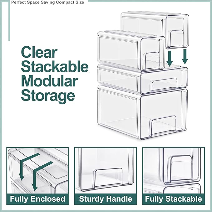 Sorbus 1 Large & 2 Small Clear Stackable Storage Drawers, Plastic Organizer Bins with Handles, Pull-Out Stackable Drawers for Bathroom Closet, Medicine, Cabinet, Pantry Storage, Baby Bottle Organizer