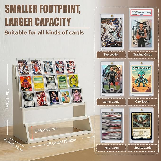 5 Tier Wooden Card Display Stand – Vertical Card Holder Display for Trading Cards, Game Cards, Sports Cards, Graded PSA/BGS/SGC, Baseball, Basketball&Football(Soccer) Card Stand, Desk & Shelf Organize,White