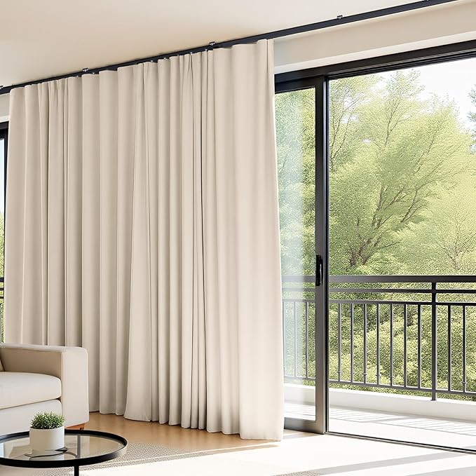 Room Divider Curtains Flexible Ceiling Tracks Set Curtain Track Ceiling Mount Blackout Curtain for Living Room Bedroom Ceiling Curtain Rod Privacy Dividers Panels W180 x H96 Beige Drape & Black Rail