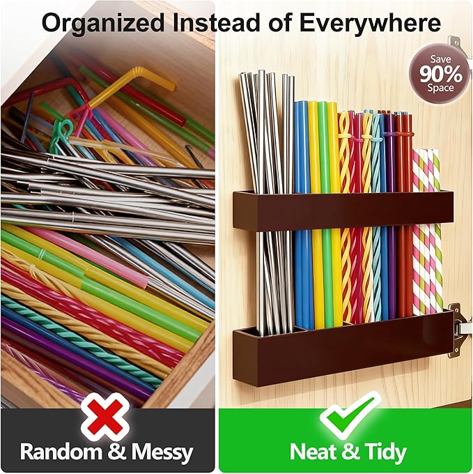 9.5” Large Acrylic Straw Holder for Cabinet Door, Reusable Adjustable Two-Part Straws Organizer with Ultra Sticky Adhesive Strips, 2026 Straw Storage for Kitchen Cupboard