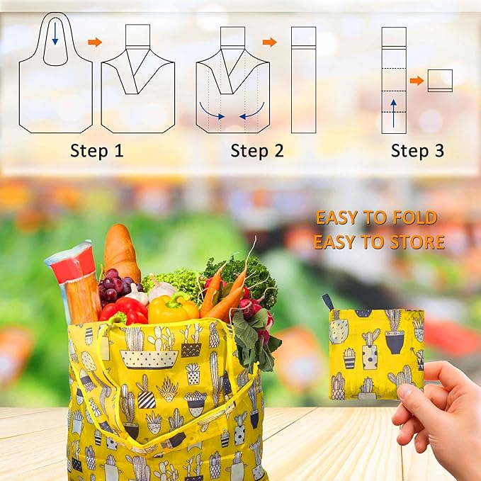 Reusable Grocery Bags, 6 Pack Foldable Shopping Tote Bags with Colorful Prints, Lightweight & Durable Washable Eco Friendly Totes for Groceries, Travel & Everyday Use