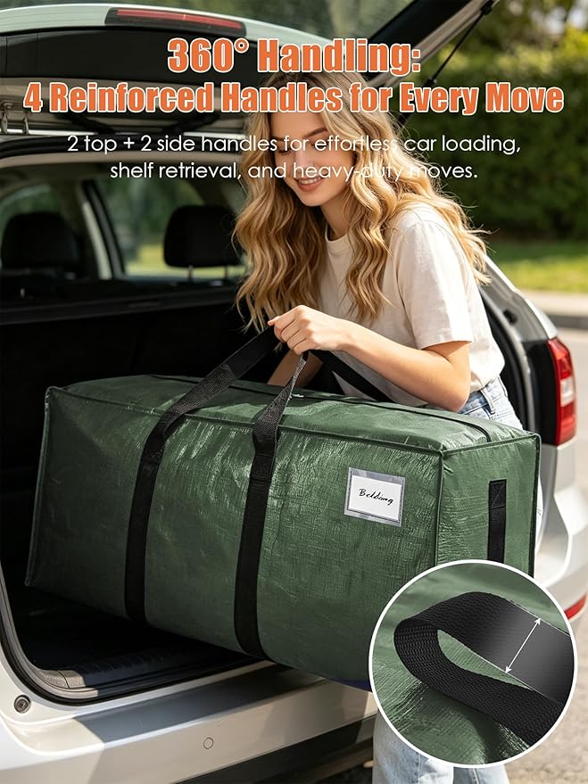 SWEET DOLPHIN 12 Pack 200LB Heavy-Duty Moving Bags with Wrap-Around Handles, Extra Large Storage Totes for Space Saving, Clothes Storage Bags, College Dorm Essentials, Green, 24 Gal