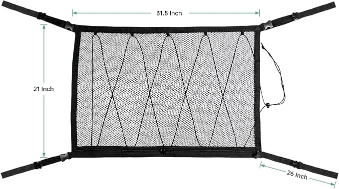 Car Ceiling Cargo Net, 31"x21" Adjustable Double-Layer Mesh SUV Roof Organizer, Van Life Accessories for Long Trip, Car Camping Essentials, Road Trip Must-Haves for Overhead Storage
