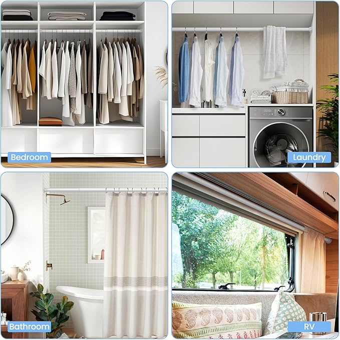 2 Pack Closet Rods for Hanging Clothes, 17 to 84 Inch Heavy Duty Stepless Adjustable Closet Hanging Rod, 1.3 Inch Diameter Metal Closet Rod for Wardrobes Laundry Bedroom RV, White