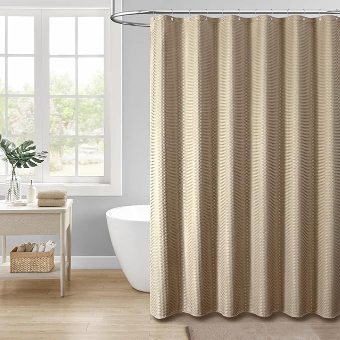 Dynamene Extra Long Fabric Shower Curtain - Waffle Weave 90 Inches Long Heavy Duty Cloth Shower Curtains for Bathroom, 256GSM Tall Hotel Luxury Bath Curtain Set with 12 Plastic Hooks, Beige/Khaki