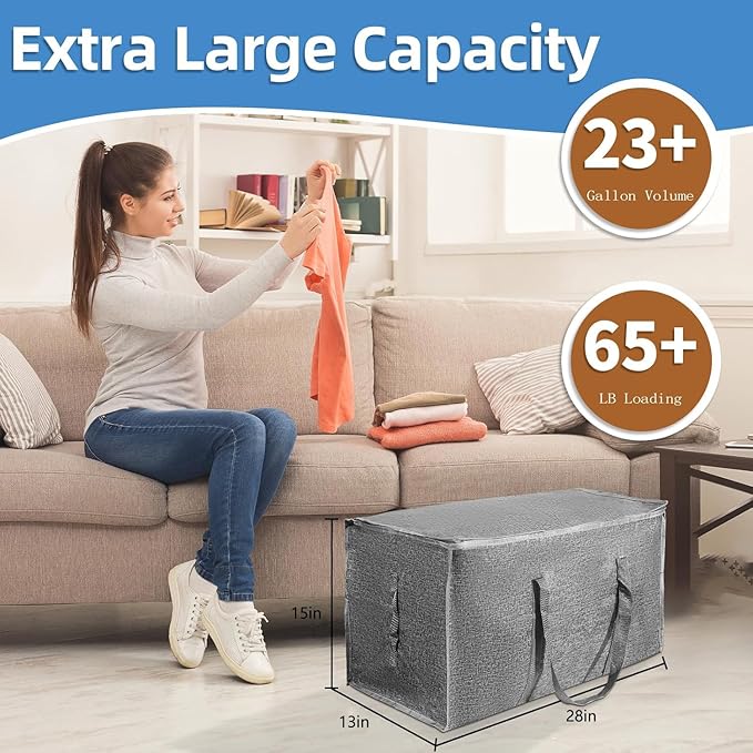 4 Pack-Extra Large Heavy Duty Moving Bags - Waterproof Storage Totes with Handles & Zippers, Foldable for College Dorm, Storage (Gray)