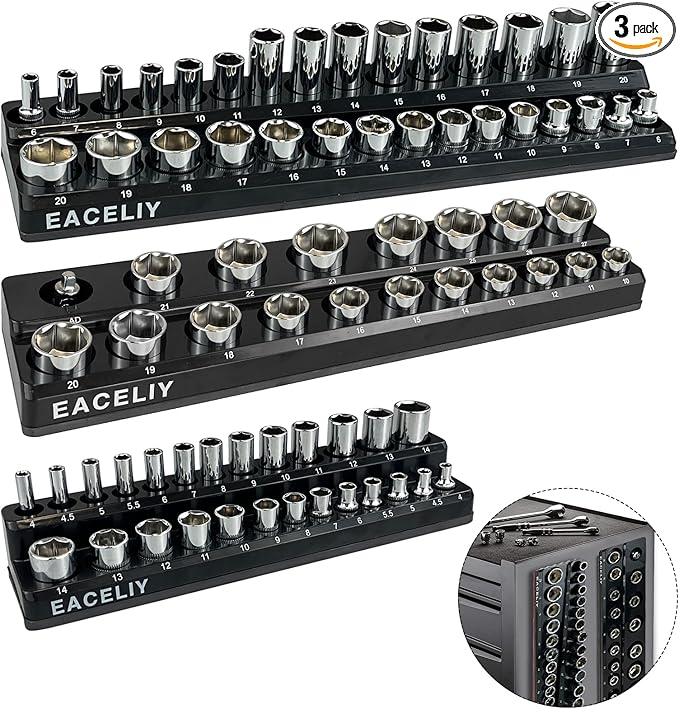 EACELIY 3Pcs 1/2", 1/4" and 3/8" Magnetic Socket Organizer Set,Metric Socket Holder Kit, Socket Trays，holds 75 Deep and Shallow 3/8" Sockets(sockets not included)