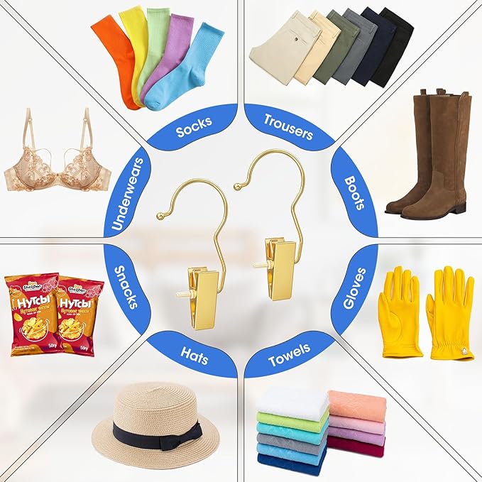 10 Pack Gold Boot Hangers for Closet, Hanger Clips Portable Travel Hangers Space Saving, Boot Clip Hooks for Hanging Clothes Pins Laundry Pants Hooks Towels Hat Bra Socks Jean