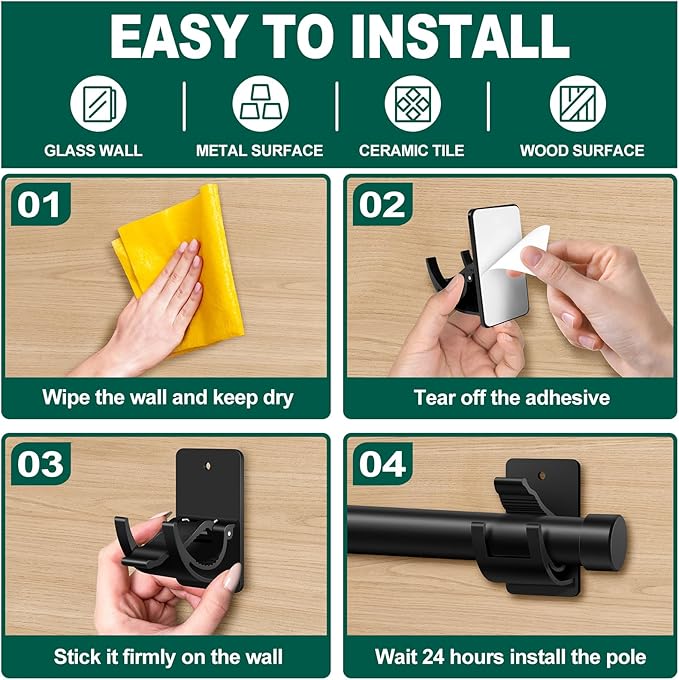 No Drill Curtain Rod Brackets, 8 PCS Self Adhesive Curtain Hooks 20lb, Peel and Stick Wall Hooks, Renter Friendly Upgrades for Apartment, Kitchen, Bathroom, Dorm, Living Room and RV
