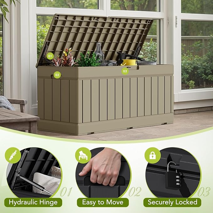 Devoko 78 Gallon Deck Box, Waterproof Resin Outdoor Storage Box for Outside and Patio, Outdoor Storage Bench Lockable for Patio Furniture, Garden Tools and Pool Supplies (Light Brown, 78 Gallon)