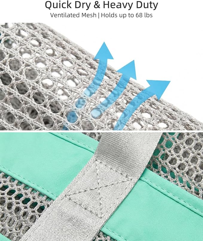 Mesh Beach Bag for Women - Large Foldable Tote with Waterproof Sandproof Bottom plus Zippered Top and 7 Pockets Lightweight Packable Pool Bag for Swim Cruise Travel and Vacation