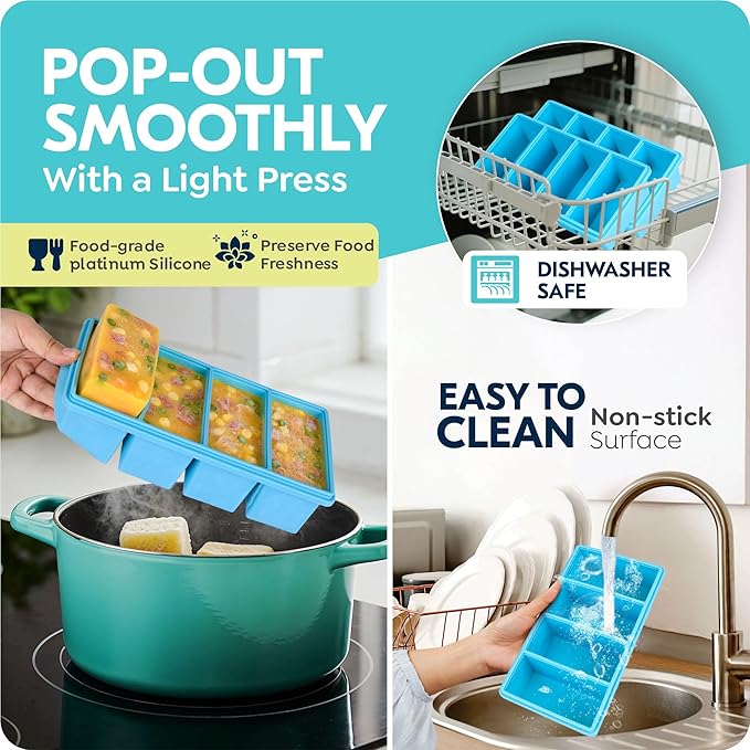 1 cup Silicone Freezer Trays with Lids, Soup Freezer Container molds, Easily prepare portioned meals, Great for storing soups, leftovers, sauces and other dishes, Oven & Dishwasher -Safe – 2 Pack