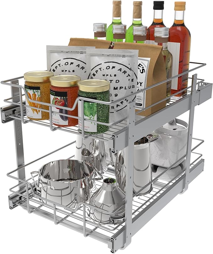 2 Tier Pull Out Cabinet Organizer 14" W X 22" D, Slide Out Drawers For Kitchen Cabinets, Pull Out Drawers For Cabinets Capacity Heavy Duty Caddy, Cabinet Pullout Shelves Chrome-Plated,Bathroom Pantry | Slide Out Drawers, For Kitchen Cabinets, Heavy Dut...