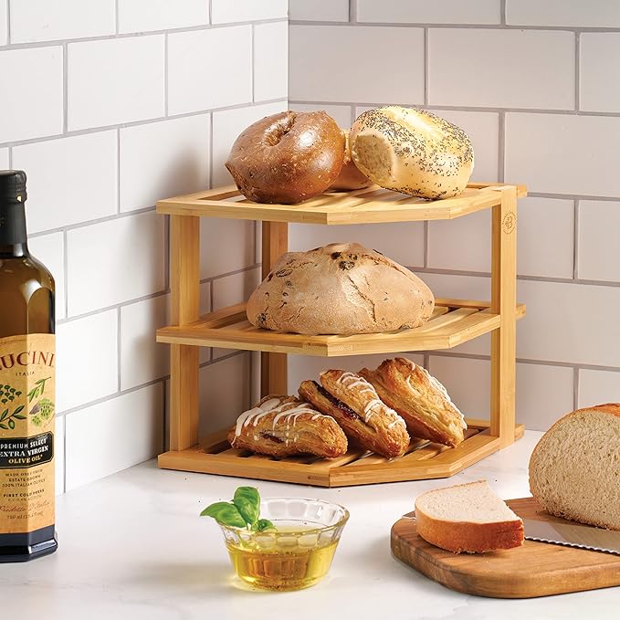 Bambüsi 3 Tier Bamboo Corner Shelf Cabinet Organizer - Kitchen Cabinet Space Saver for Plates, Dishes, Bowls, Pantry Storage - 9.5 in Tall x 10 in Deep Countertop Corner Rack | Kitchen Counter, Cabinet Space Saver, Plates, Dishes, Bowls, Bread Pantry