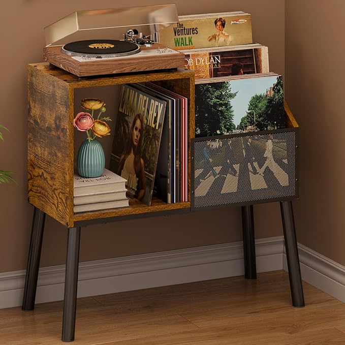 Record Player Stand with Storage, 3-Tier Step Vinyl Record Storage Holder up to 200 Albums, Small Vintage Record Player Table, Turntable Stand Recordsfor Living Room, Bedroom