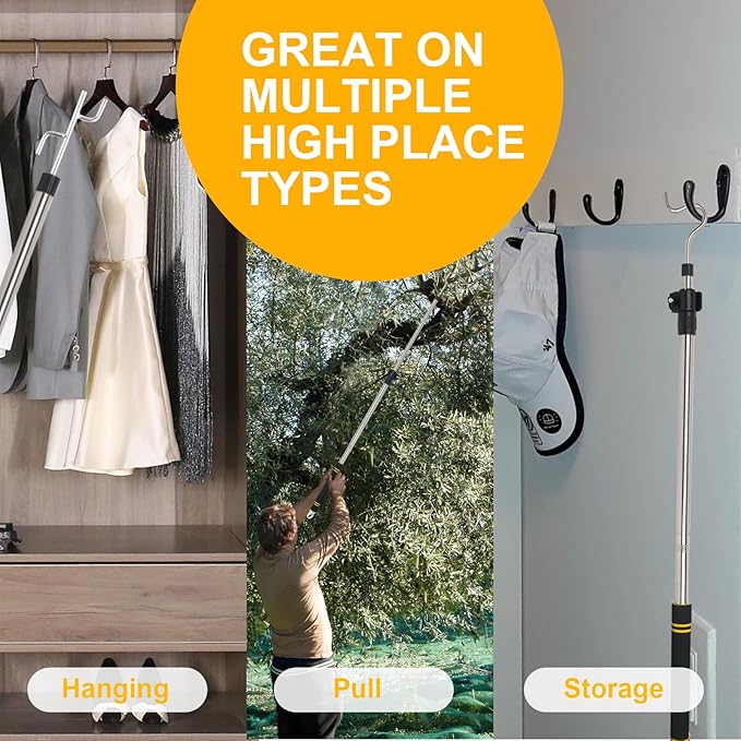 Clothes Hook Pole, High Reach Garment Hook 38“ - 63” Telescoping Pole with 3 Hooks and Foam Handle for Hanging Clothes String Lights Plants Grabbing Trunk Cargo Shelf Items