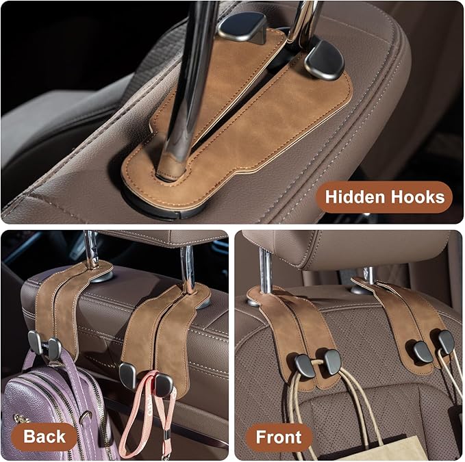 CoBak Purse Hook for Car - Universal Premium Stitched Leather and Aluminum-Magnesium Alloy Double Car Seat Back Storage Hook for Purses, Handbags, Bags (2 Pack),Brown