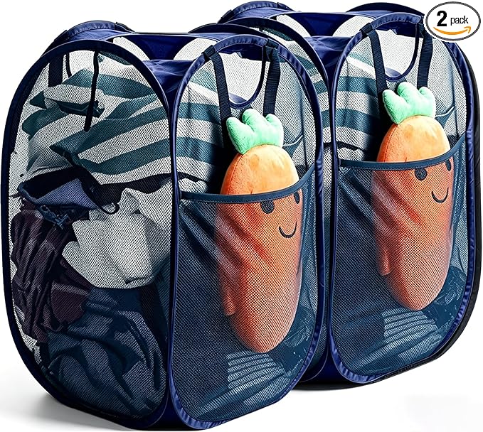 HOUSE AGAIN 2 Pcs Pop Up Laundry Hamper, Strong Mesh Laundry Baskets Collapsible, Hamper with Handles and Side Pocket, Portable Foldable Dirty Clothes for Dorm, Laundry room and Travel Storage, Blue