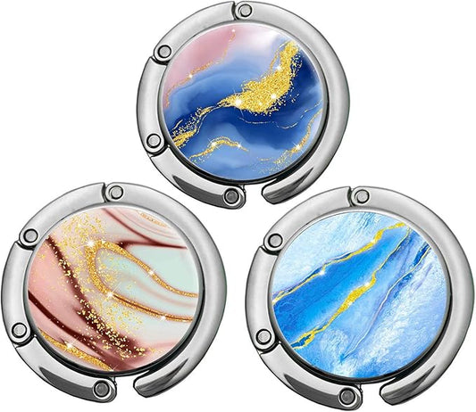 Pretty Marble Foldable Purse Hook & Table Hanger Collection - Womens Bag Desk Hooks (3 Pack)