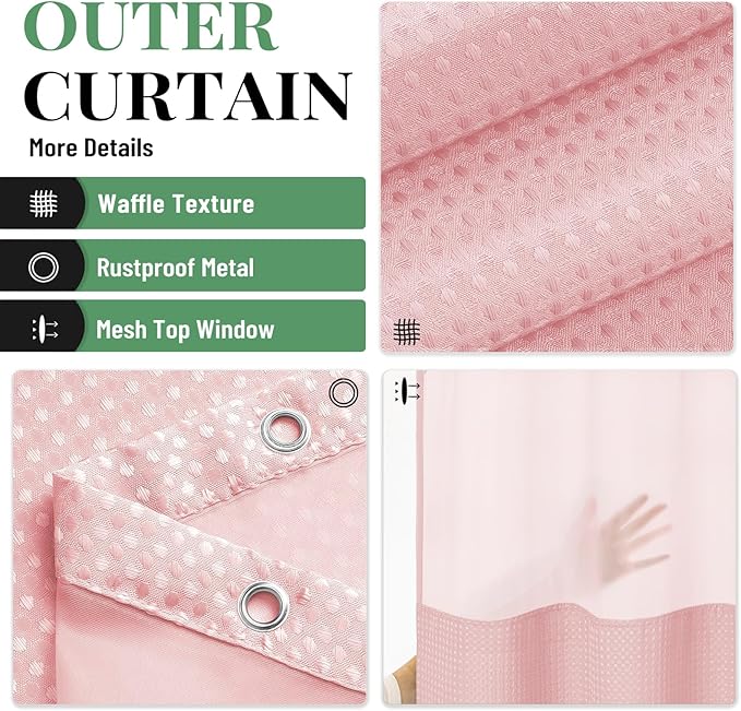 Dynamene Fabric Shower Curtain with Snap in Liner, Pink Waffle Hotel Shower Curtains for Bathroom, Washable Waterproof Cloth Shower Curtain Liner Set with Plastic Hook, Mesh Top Window, 72x72, Pink