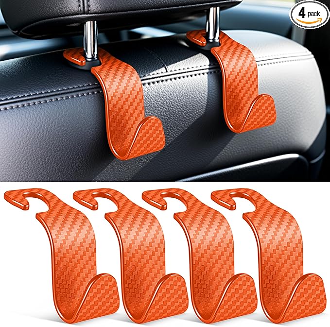 SINGARO Universal 4 Pack Car Seat Headrest Purse Hook, Carbon Fiber Back Seat Hook Storage Organizer Hanger for Purse Handbag Coat, Car Interior Accessories(Orange)