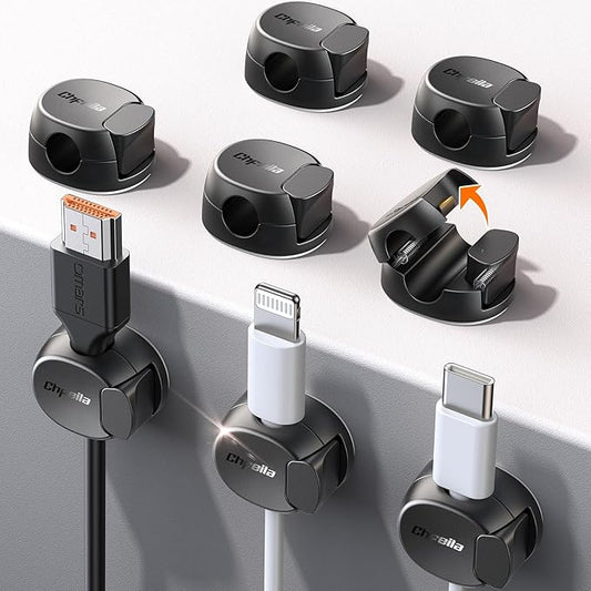 8Pack Cord Organizer [Dual Spring & Clasp, Max Secure] Cable Clips - Chfeila Cable Management, Adhesive Phone Charging Wire Holder for Nightstand/Wall, Home Office Desk Accessories Decor Essentials