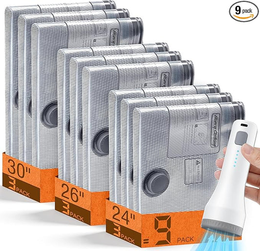 9 Pack Vacuum Storage Bags for Travel with Rechargeable Cordless Pump, Space Saver Bags for Clothes, Compression Packing Bags for Luggage and Suitcase, 9 Combo Size