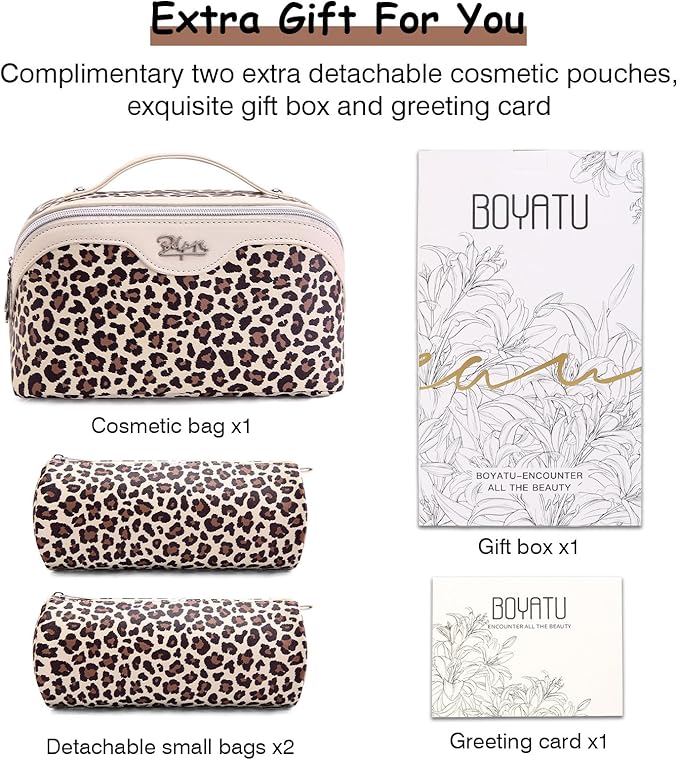 Travel Makeup Bags Organizer for Women: 3 Pcs Set Cosmetic Bag - Large Make up Bag with Compartments - Flat Open Waterproof Leather Toiletry Bags for Skincare, Brushes & Travel Essentials - Beige