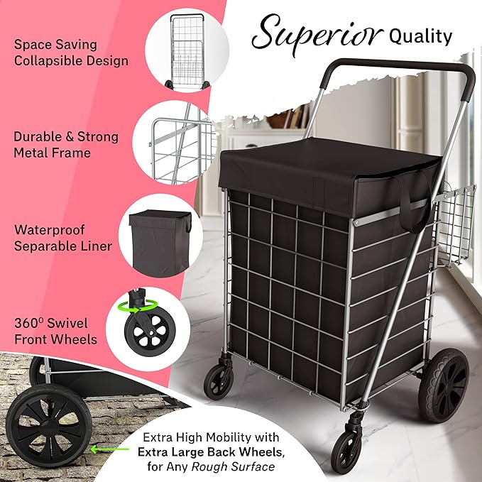 Our Modern Space Shopping Cart w/Waterproof Basket Liner & 360° Swivel Wheels | Foldable Collapsible & Lightweight | Perfect for Groceries Laundry Utility Cart - Silver