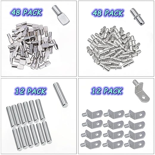 120Pcs Shelf Pins Kit,4 Styles Nickel Plated Shelf Support Pegs,Plated Shelf Pins Holders for Bookcase Kitchen Closet Shelf Shelves Furniture Cabinet，5mm (1/4 inch) cabinet shelf pegs