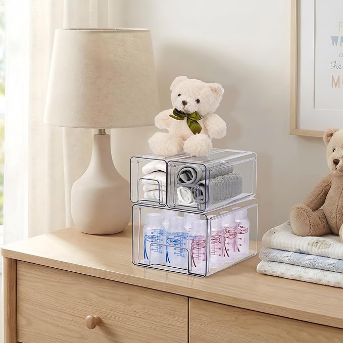 Sorbus 1 Large & 2 Small Clear Stackable Storage Drawers, Plastic Organizer Bins with Handles, Pull-Out Stackable Drawers for Bathroom Closet, Medicine, Cabinet, Pantry Storage, Baby Bottle Organizer